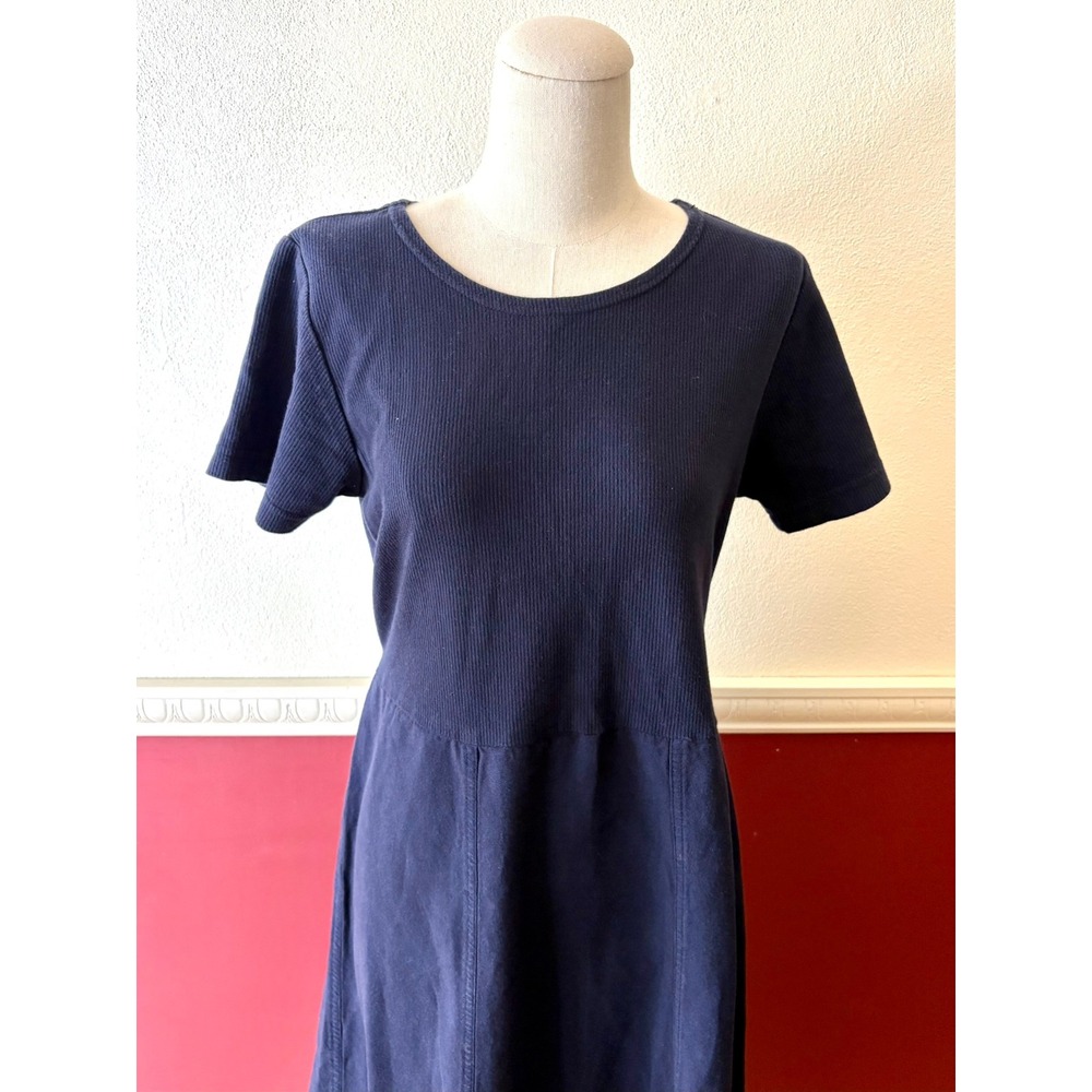 Vintage Xcit Tie Back Midi Dress Navy Blue Ribbed Bodice M Neutral Cottage Y2K - Picture 3 of 9